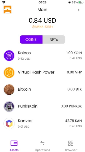 The redesigned Konio assets screen: total balance in USD, a mana percentage indicator, a COINS/NFTs toggle, and a list of tokens with balances