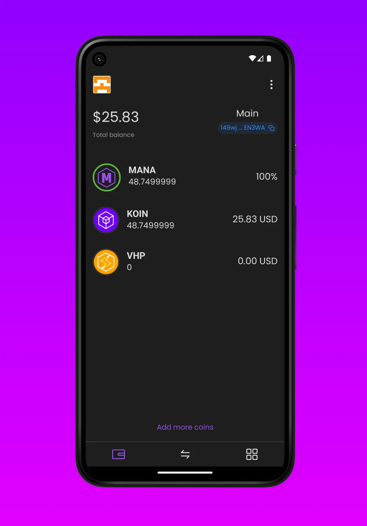 The Konio main screen on Android: a $25.83 total balance, an account named Main with a truncated address, a MANA row at 100%, and KOIN and VHP balances
