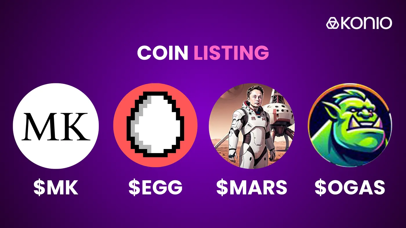 Announcement graphic listing four community tokens added to the wallet: $MK, $EGG, $MARS and $OGAS