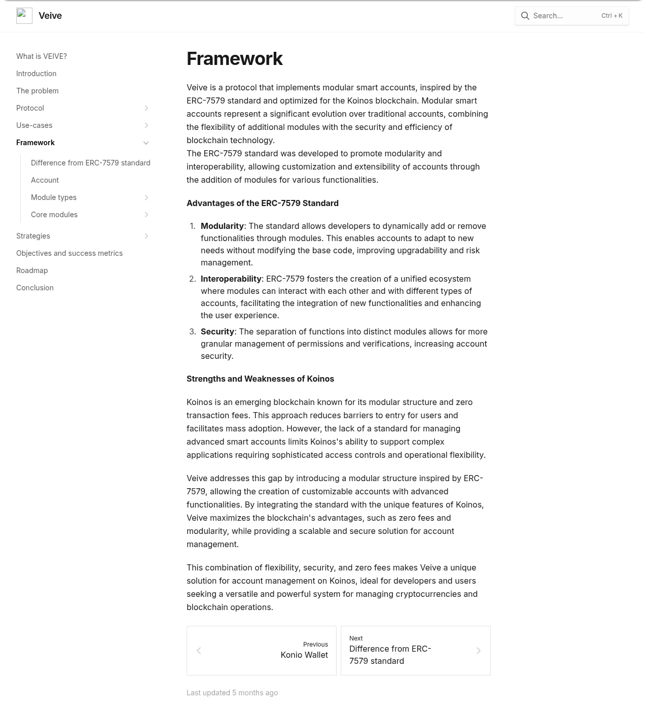 The Veive documentation site, on the Framework page: a sidebar covering the protocol, use-cases, module types and roadmap, and a body explaining modular smart accounts inspired by ERC-7579