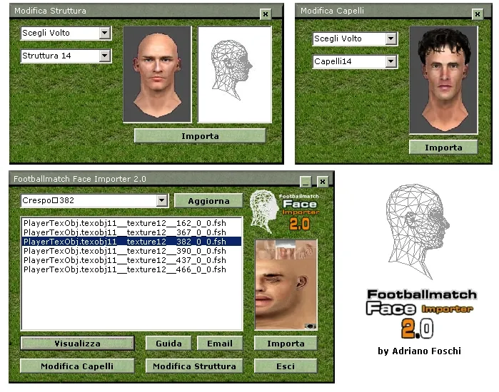 Footballmatch Face Importer 2.0: two panes previewing a player’s head and hair mesh, dropdowns for the structure and the hairstyle, and a list of face texture files with import buttons