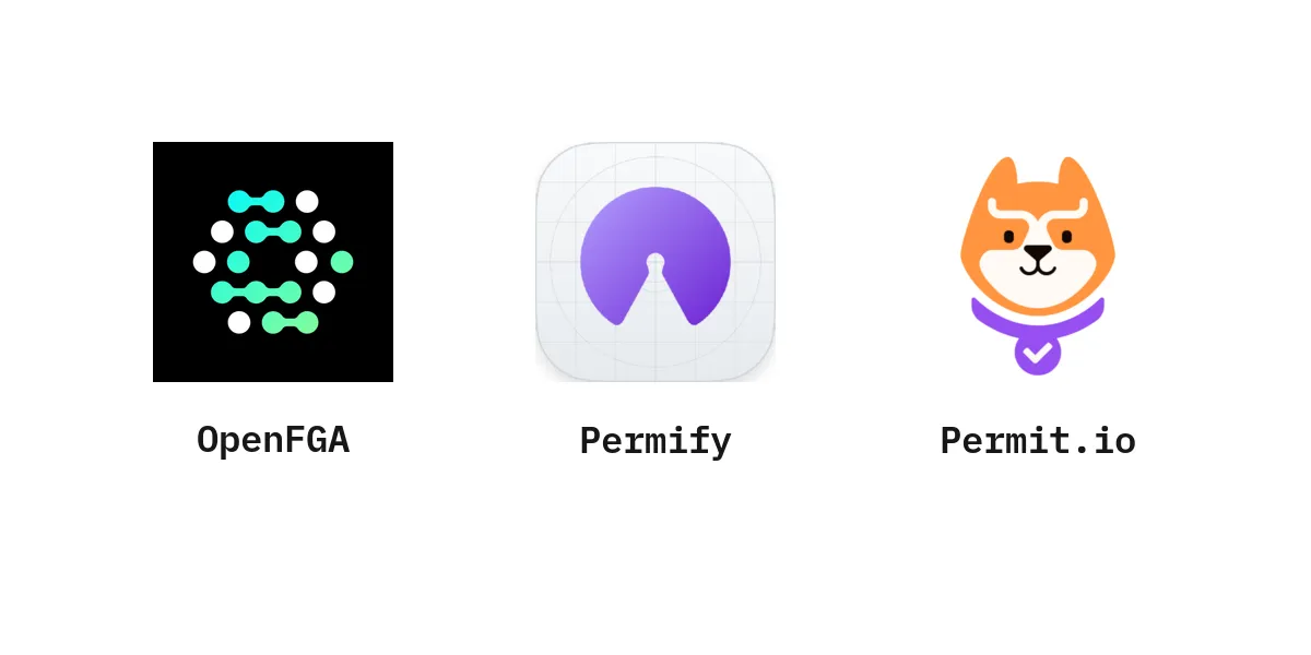 The logos of the three authorization services discussed in the post: OpenFGA, Permify and Permit.io