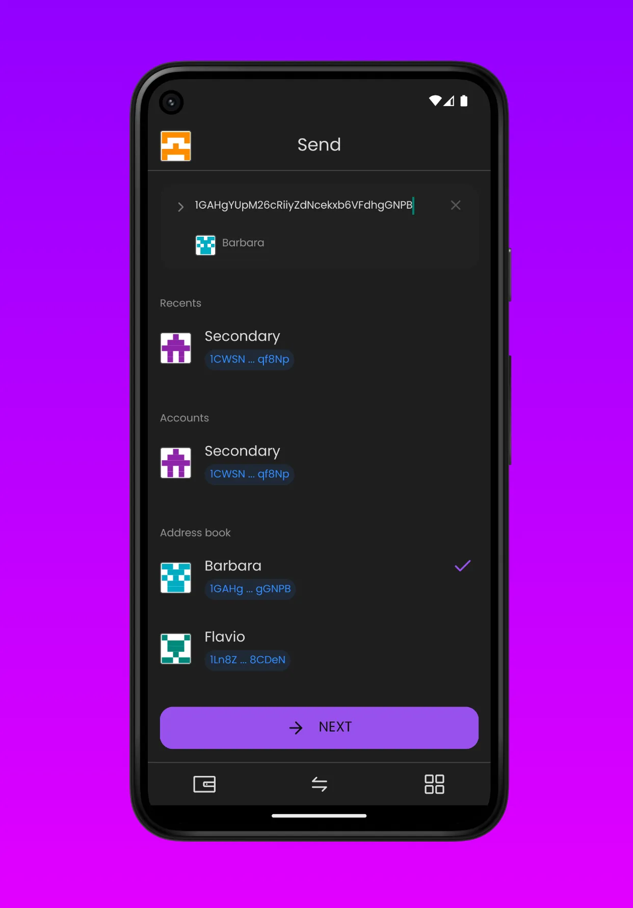 The Konio send screen: a recipient field, recent recipients, the user’s own accounts, and an address book with saved contacts