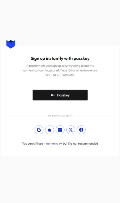 The Sovrano sign-up screen: a prominent “Passkey” button described as biometric or hardware-key authentication, a row of Google, Apple, Microsoft, X and Facebook buttons under “or continue with”, and a footnote reading “You can still use mnemonic but it is not recommended”